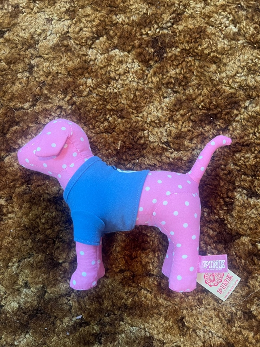 PINK Victoria's Secret Pink Polka Dot Dog Plush with Blue Shirt